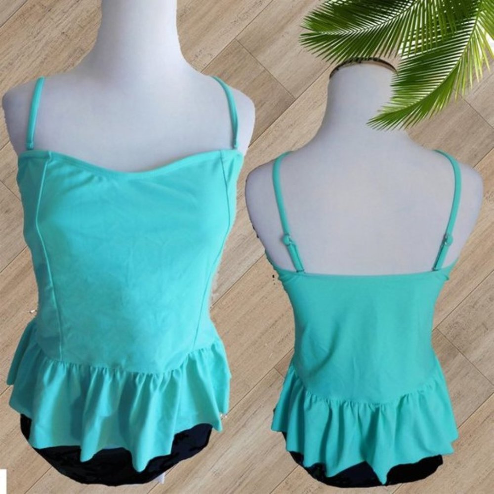 UNIQUE & CLASSIC TEAL RUFFLE HEM TWO PIECE SWIMSUIT